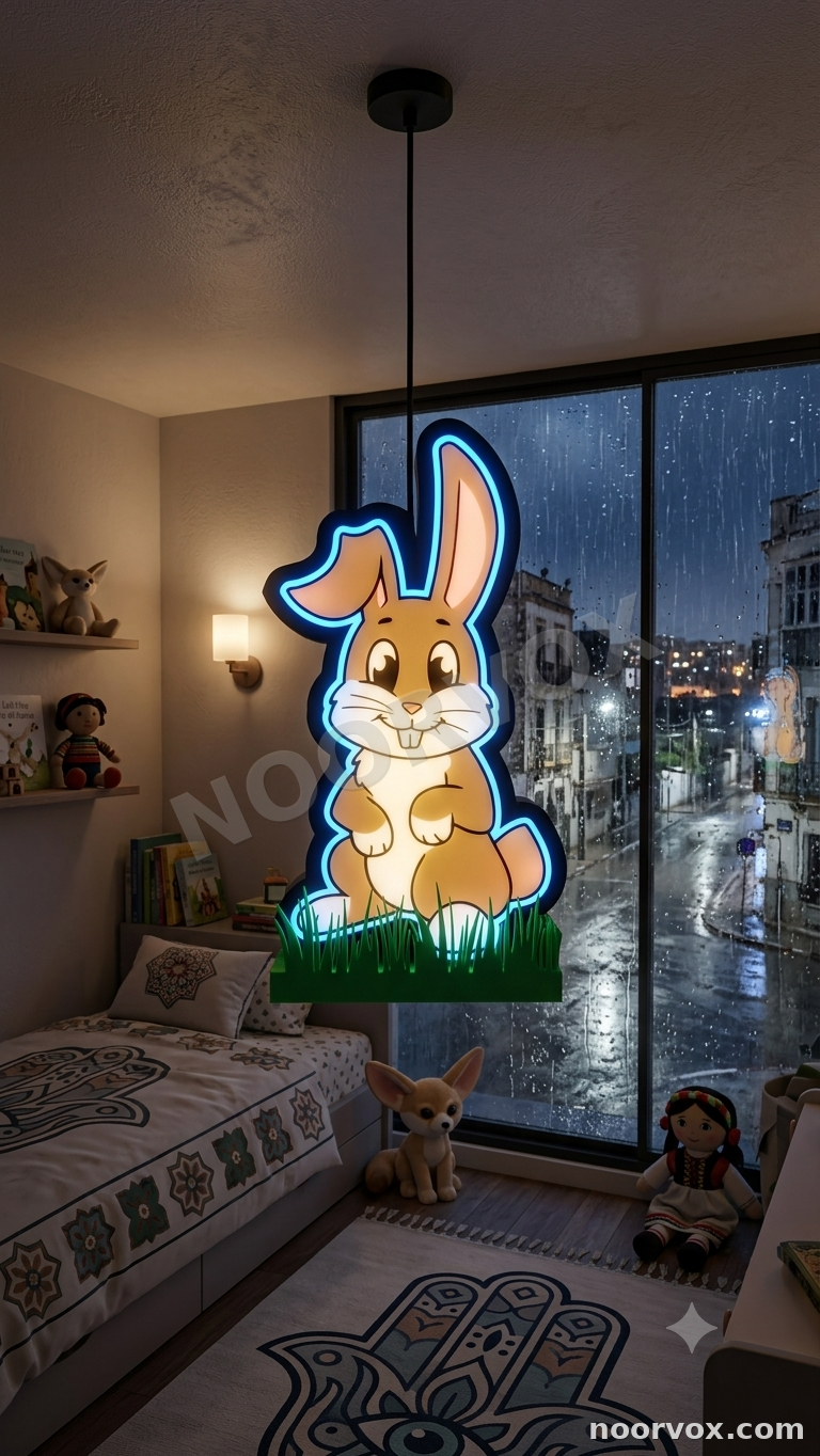 Lustre Enfant Lapin Mignon Néon LED dans l'Herbe